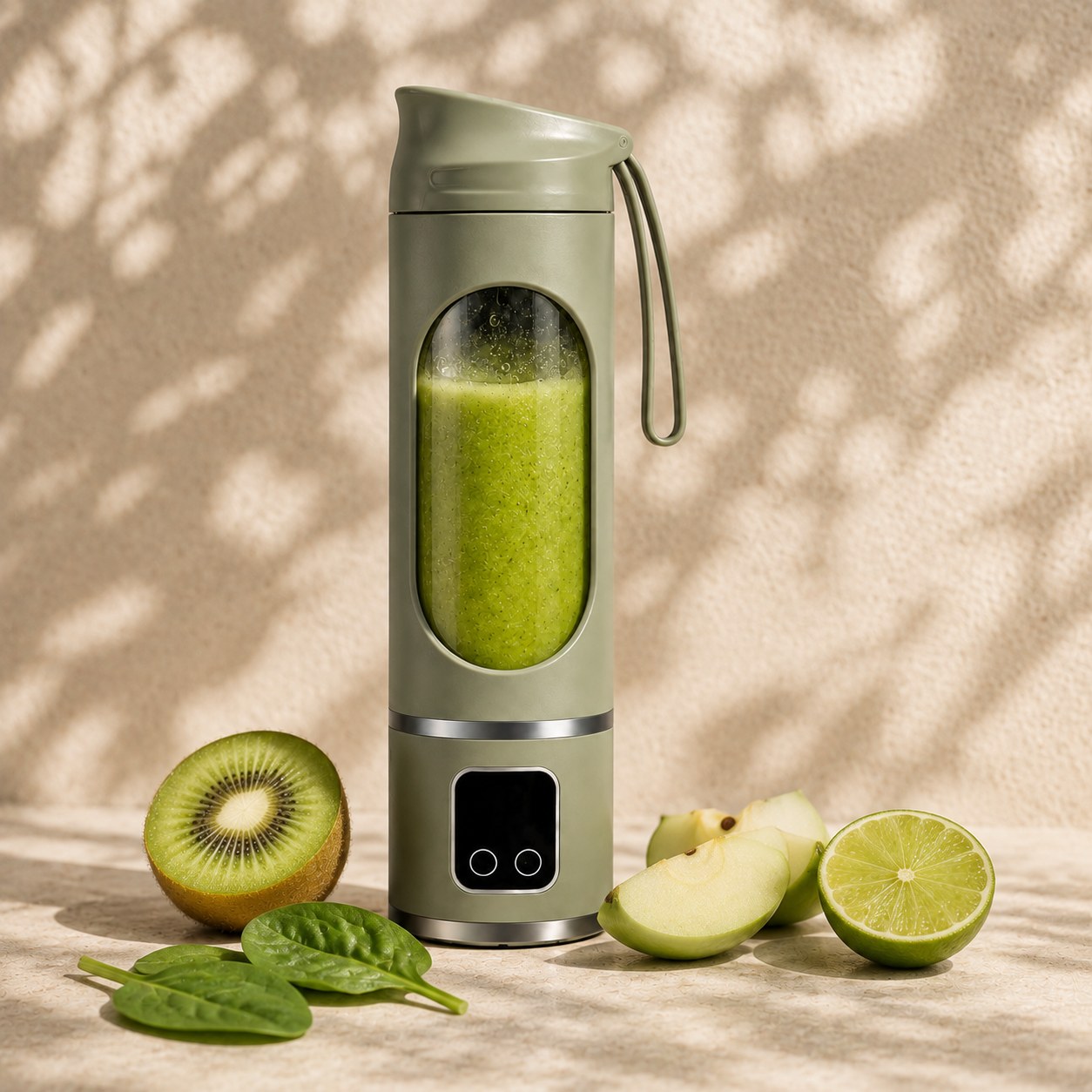 Sage Green Fruvia blender with a green smoothie, kiwi, spinach, green apple, and lime beside it