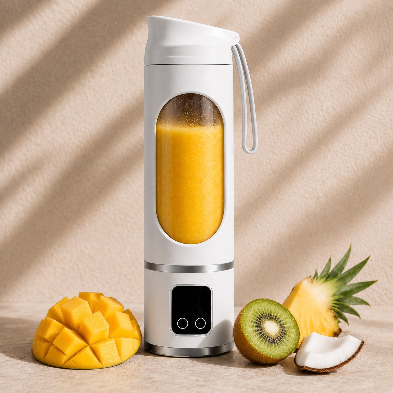 White Fruvia blender with a yellow mango smoothie, mango cubes, kiwi, pineapple, and coconut beside it