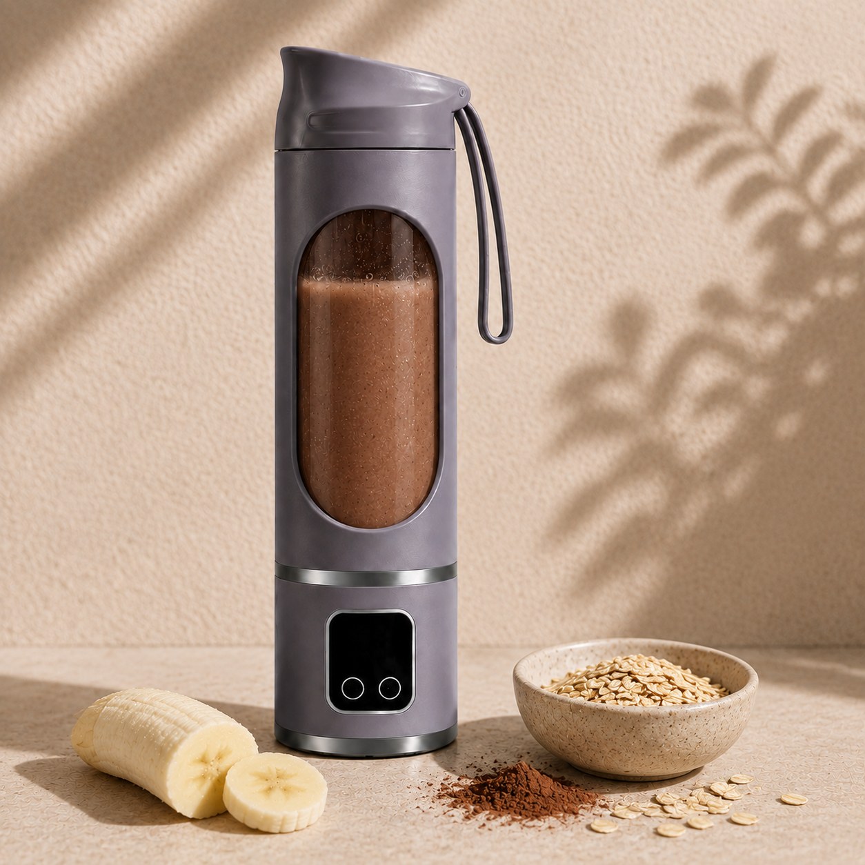 Grey Fruvia blender with a cocoa smoothie, banana slices, cocoa powder, and a bowl of oats beside it