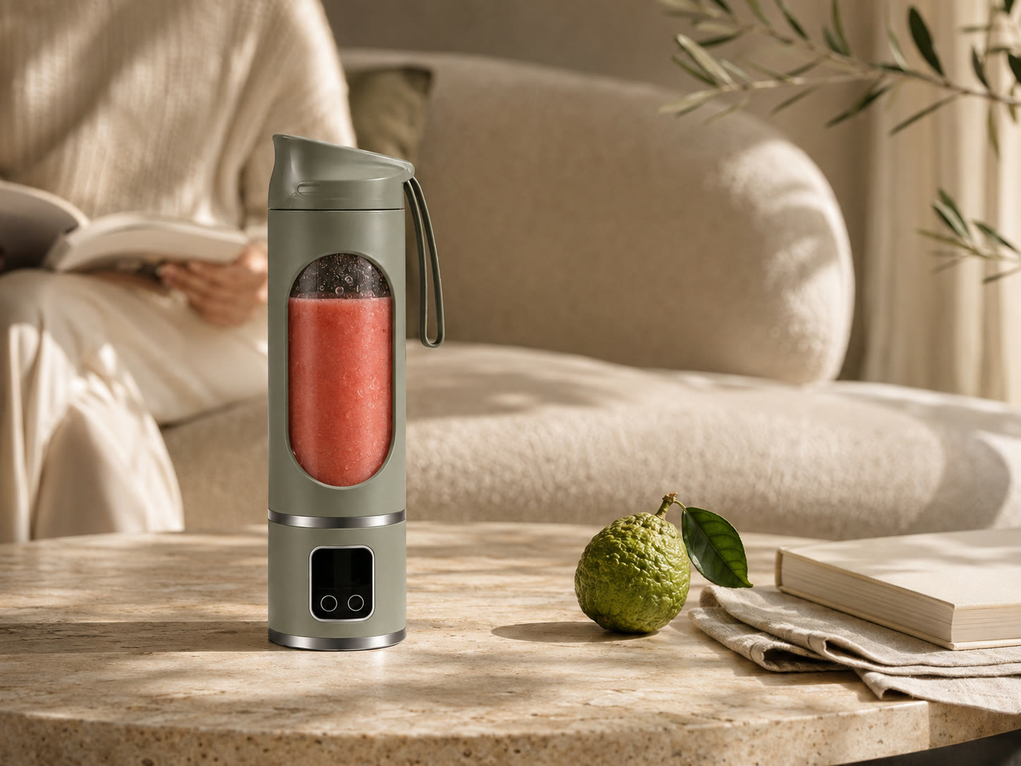 Sage Green Fruvia blender with a pink strawberry smoothie and a citrus fruit beside it